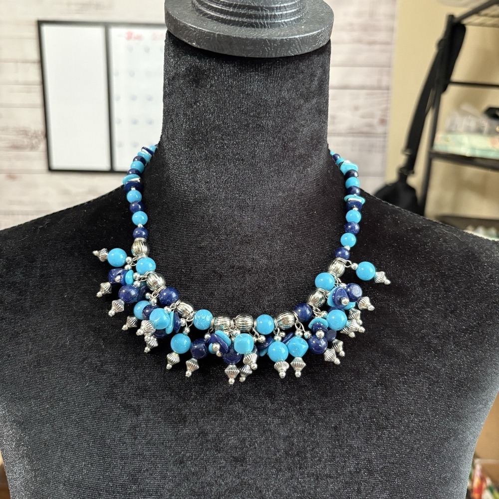Vtg Genuine Lucite Blue Turquoise Chunky Bib Necklace Art Deco Golden Girls